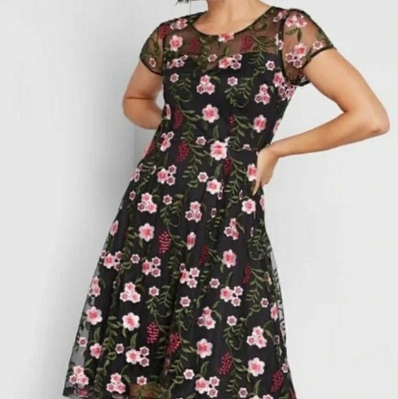Modcloth Dresses & Skirts - Modcloth Rose & Green Floral Embroidered Black Net Dress